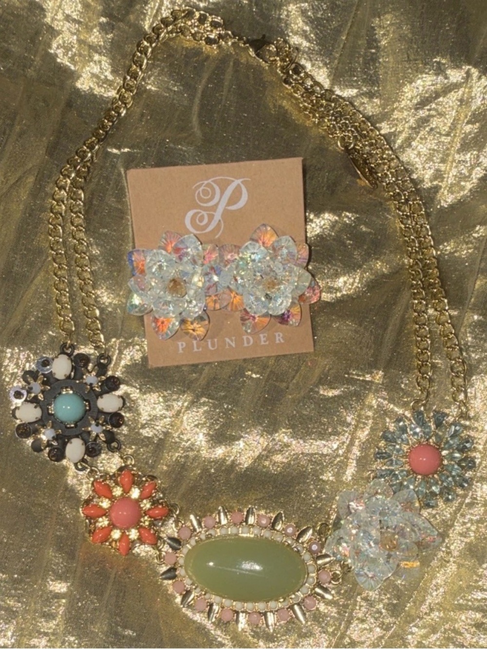 Plunder Iridescent Floral Statement Necklace in Gold